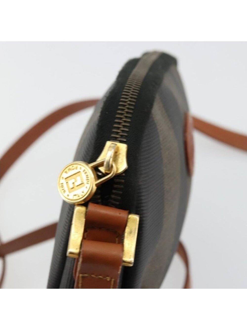 Authentic FENDI Pecan Canvas Shoulder Bag PVC Brown Black gold - Picture 7 of 16